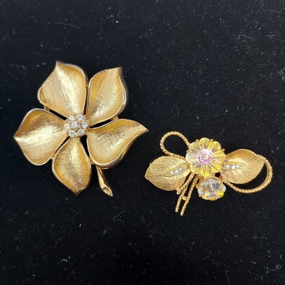Vintage Flower Brooches Set of 2 Brushed Gold Clear Rhinestones One Coro